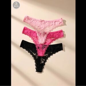 3-Pack, Pink & Black, Floral Lace Panties
